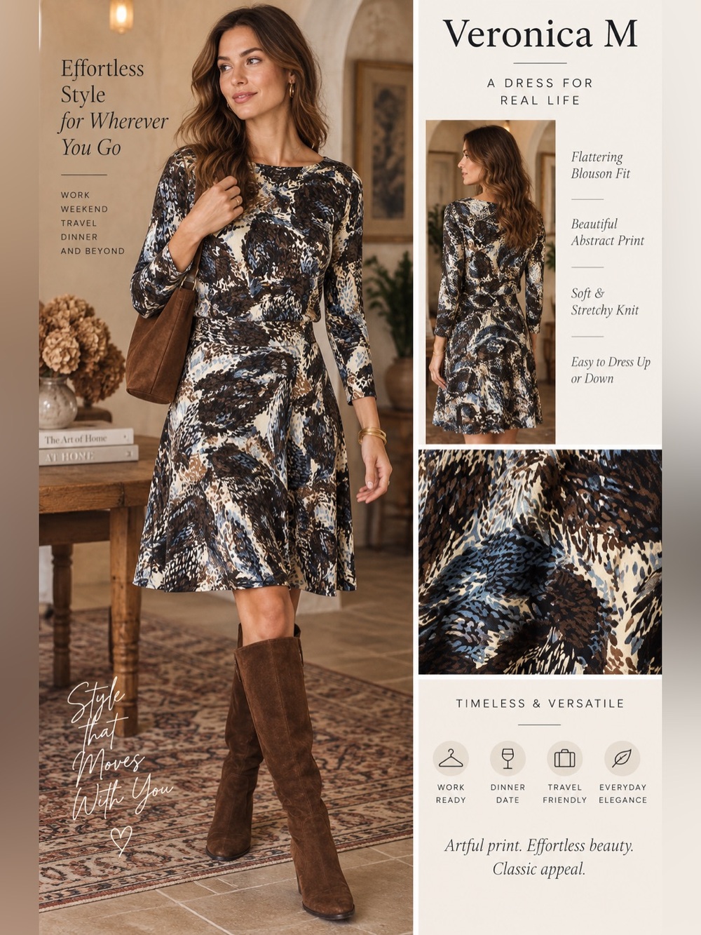 Veronica M Abstract Feather Print Blouson Fit & Flare Dress Size Small
